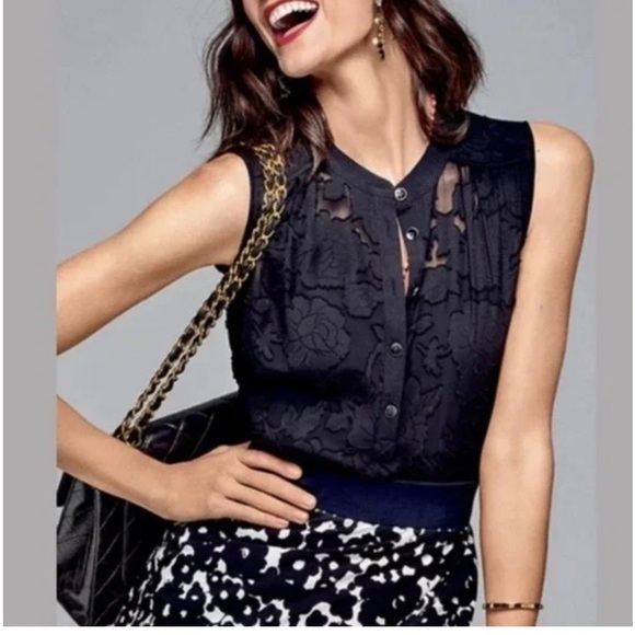 CAbi 5346 Clip Art Sleeveless Floral Sheer Black Blouse Top Sleeveless V Neck XS - Picture 1 of 11